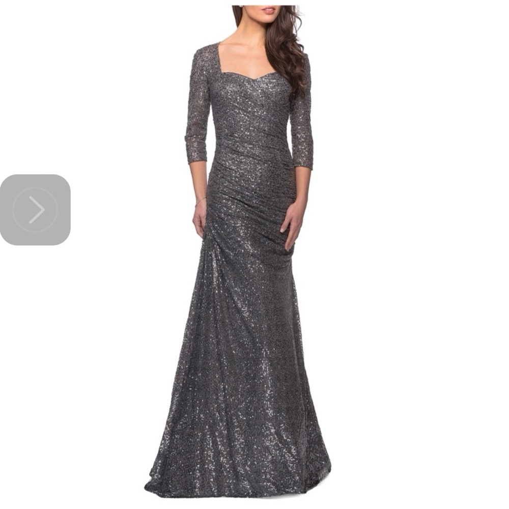 LA FEMME 28065 Mother of the Bride Gunmetal Gray Sequin 3/4 Sleeve Gown 14 NWT